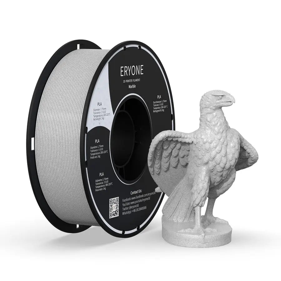 A spool of ERYONE Marble PLA 3D printer filament next to a 3D printed bird figurine, both in gray color.