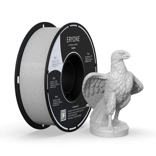 A spool of ERYONE Marble PLA 3D printer filament next to a 3D printed bird figurine, both in gray color.