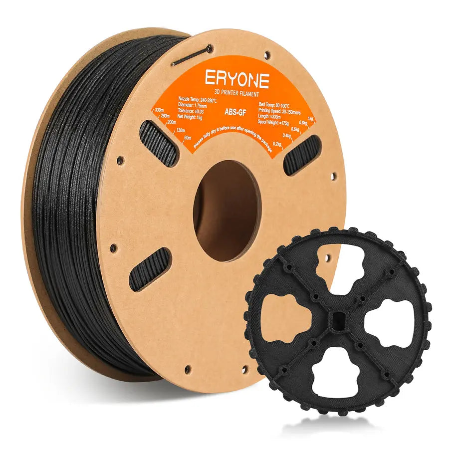 Spool of ERYONE ABS Fiberglass 3D Printer Filament with a piece of printed gear model showing the texture and color.