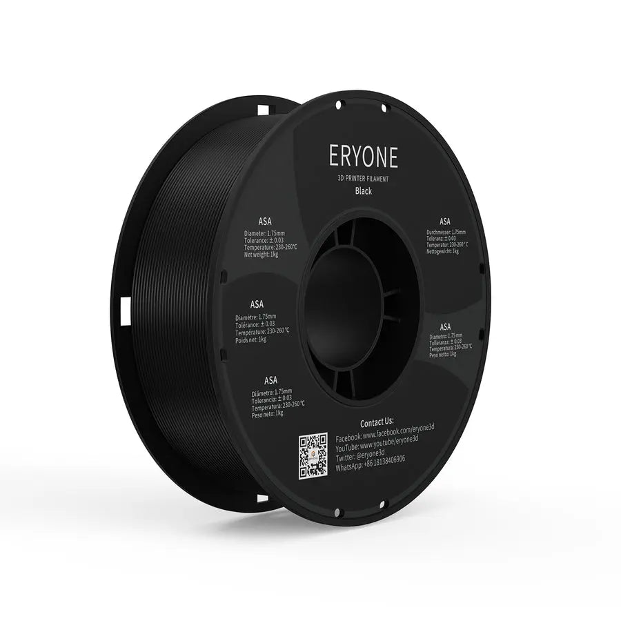 Two spools of ERYONE ASA 3D printer filament, one black and one white, with product information printed on them.