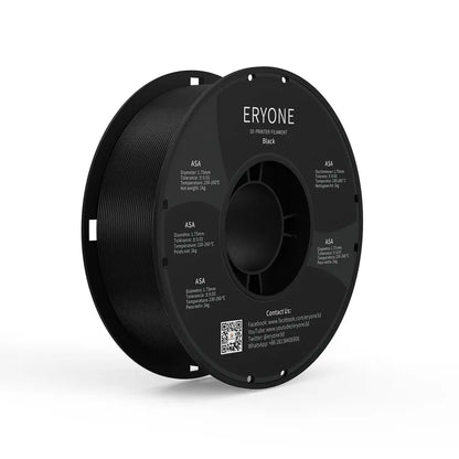 Two spools of ERYONE ASA 3D printer filament, one black and one white, with product information printed on them.