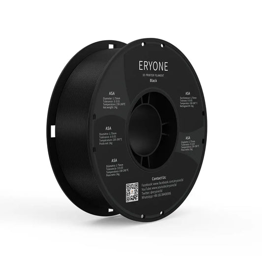Two spools of ERYONE ASA 3D printer filament, one black and one white, with product information printed on them.