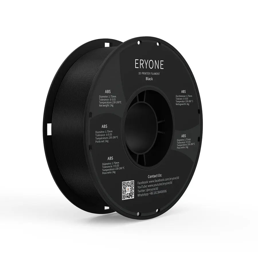 Spools of ERYONE ABS 3D printer filament in black and white colors.