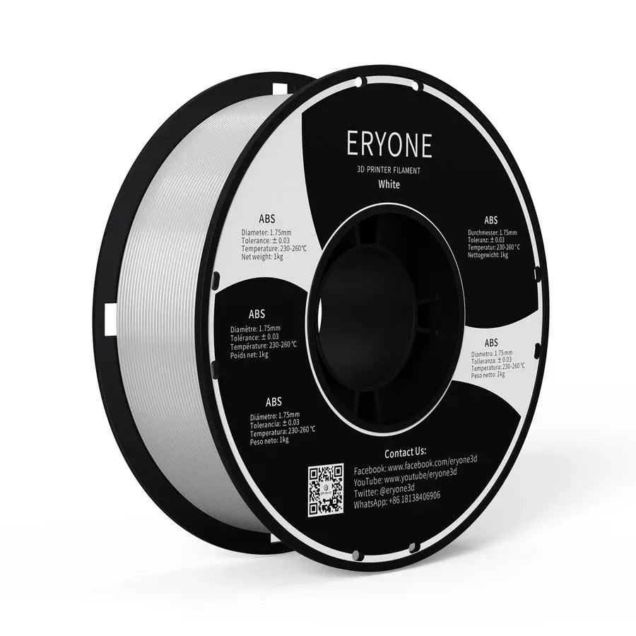 Spools of ERYONE ABS 3D printer filament in black and white colors.