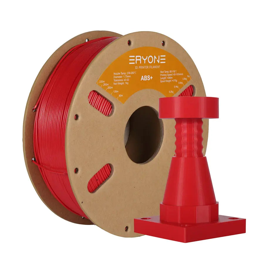 A spool of ERYONE ABS+ 3D printer filament, predominantly black in color, wound around a cardboard spool with a label displaying the brand and product information.