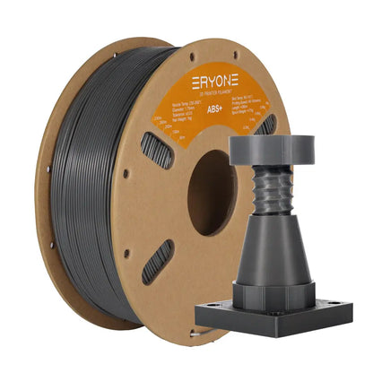 A spool of ERYONE ABS+ 3D printer filament, predominantly black in color, wound around a cardboard spool with a label displaying the brand and product information.