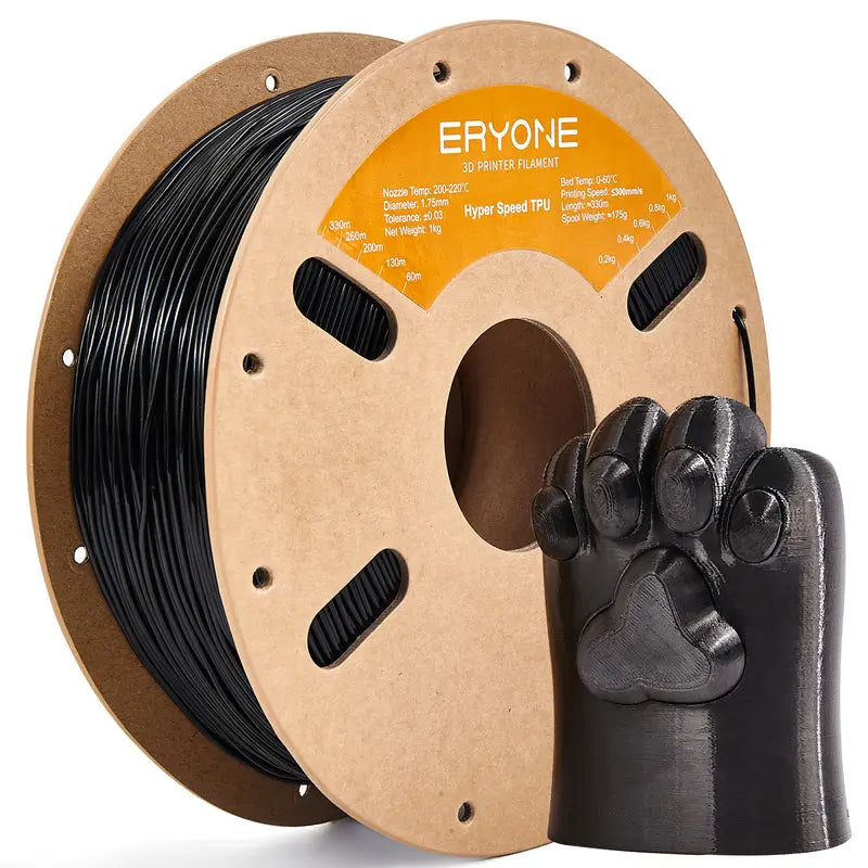 A spool of ERYONE black TPU 3D printer filament and a sample 3D printed part.