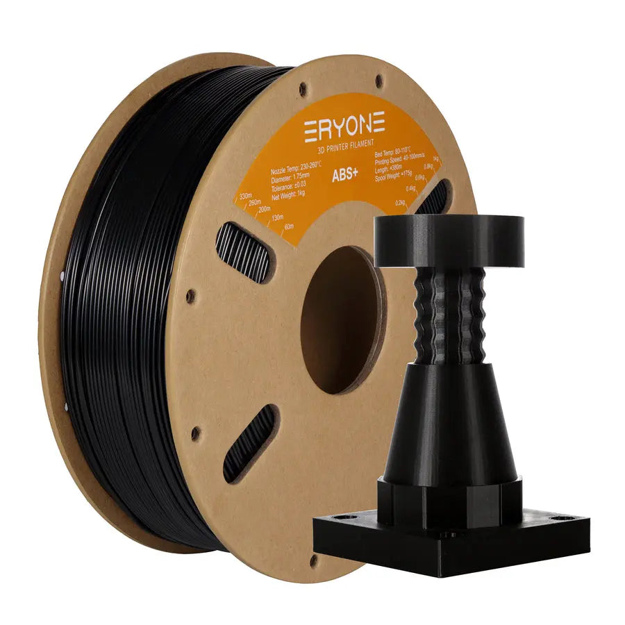 A spool of ERYONE ABS+ 3D printer filament, predominantly black in color, wound around a cardboard spool with a label displaying the brand and product information.