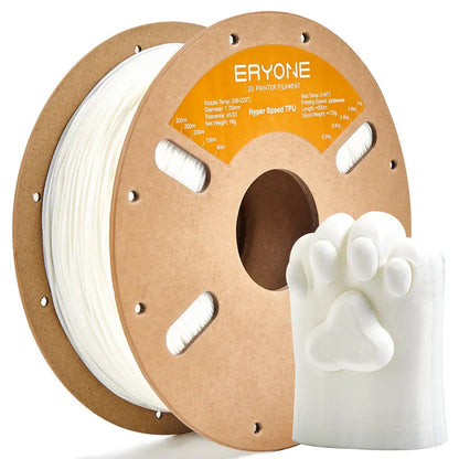 A spool of ERYONE black TPU 3D printer filament and a sample 3D printed part.