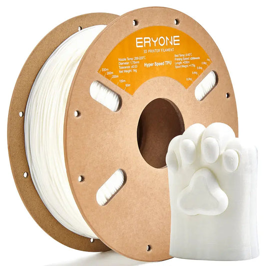 A spool of ERYONE black TPU 3D printer filament and a sample 3D printed part.
