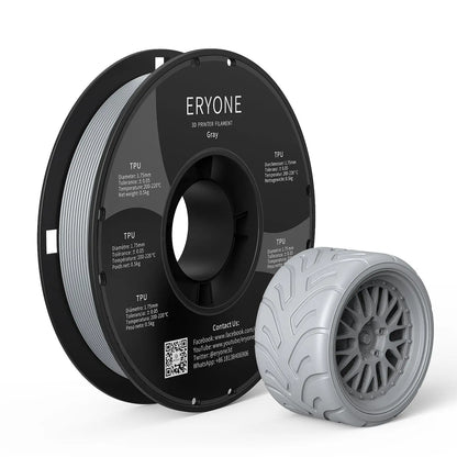 Spools of ERYONE 1.75mm TPU 3D printer filament in black color, showing the label and part of the filament unwound, alongside a printed tire.
