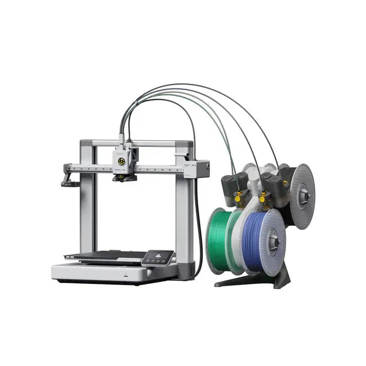 A Bambu Lab A1 3D printer with a metallic frame and multiple spools of filament, featuring a full-color touchscreen interface.