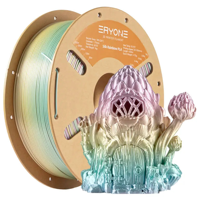 A spool of ERYONE classical rainbow PLA 3D printer filament next to a 3D printed model showcasing the multicolored effect of the filament.