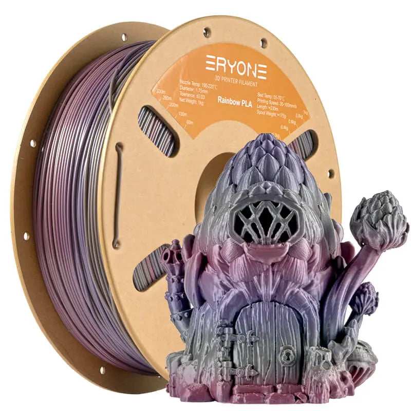 A spool of ERYONE 1.75mm LAGOON RAINBOW PLA FILAMENT in multicolor, alongside a 3D printed model showcasing the filament's printed details.