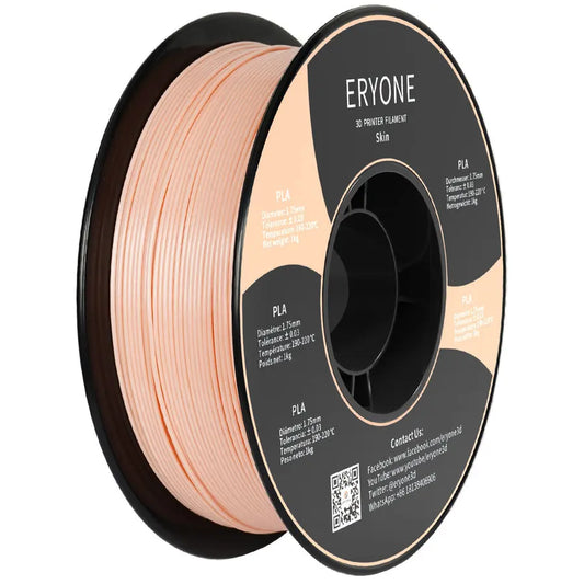 A spool of ERYONE PLA 3D printer filament in pink color, with packaging that provides product information.