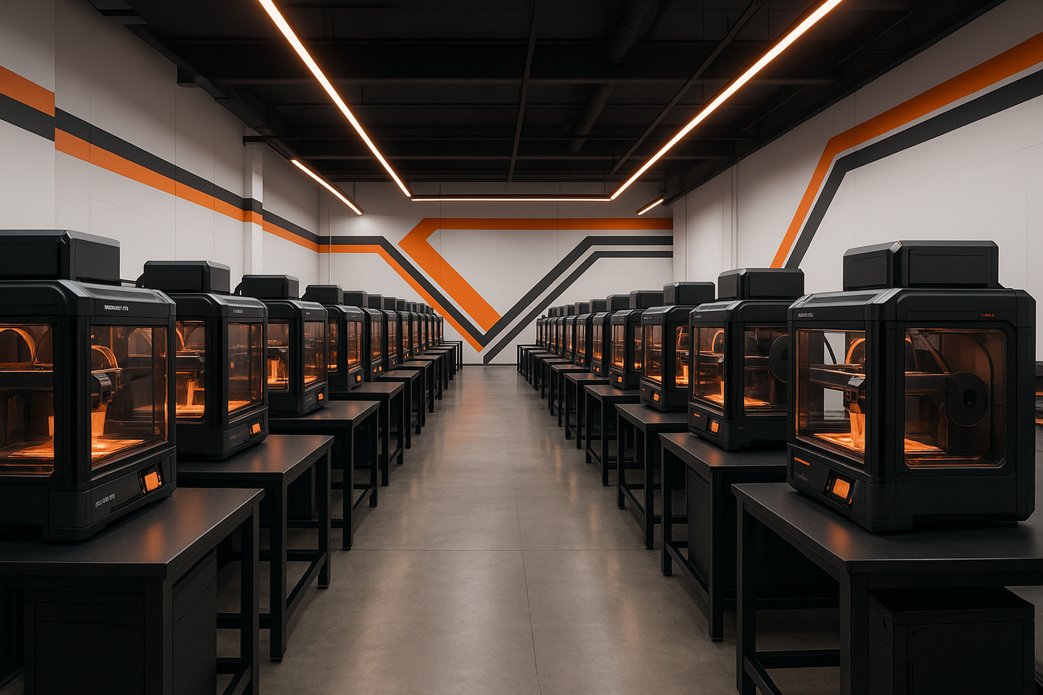 Modern 3D printing facility showing rows of Bambu Labs H2D printers working simultaneously, with orange and black highlights, clean industrial aesthetic